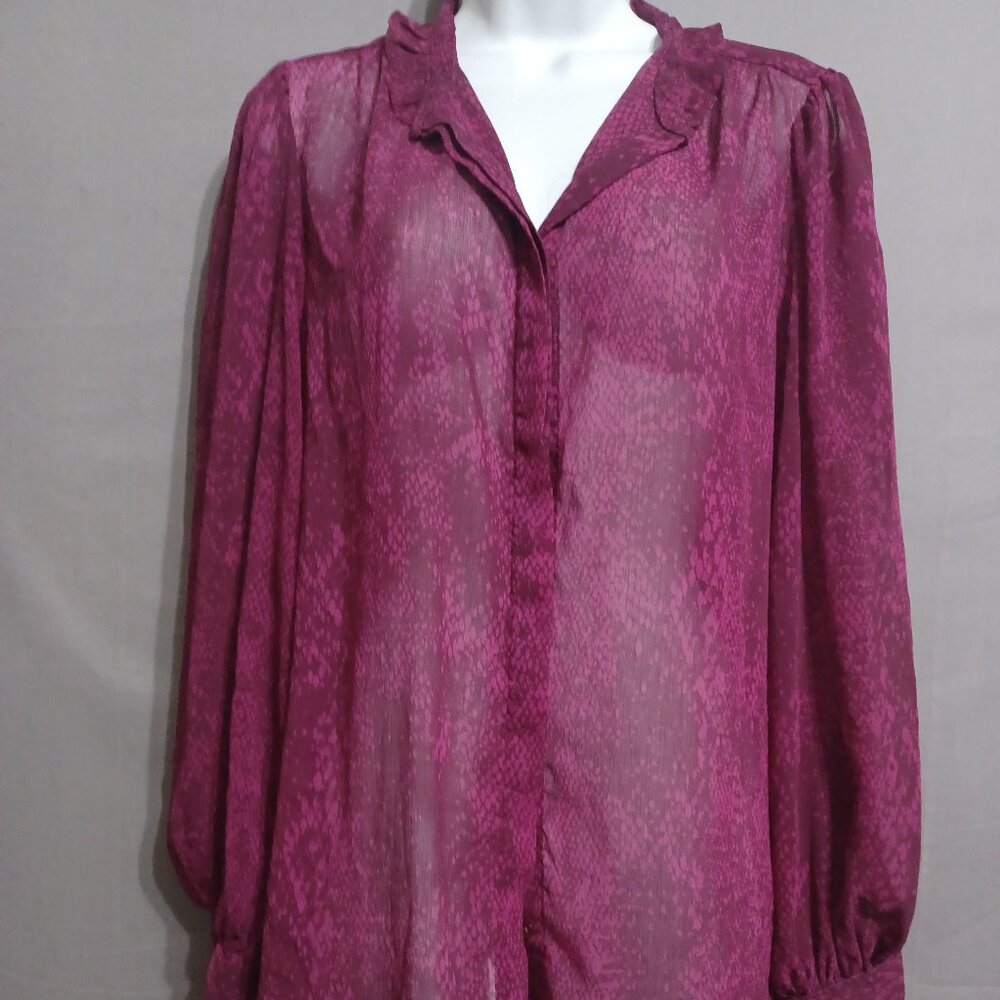 Chicos top blouse purple button front long sleeve ruffles sheer floral patterns